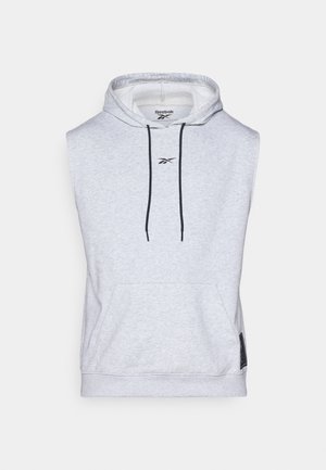 Pelēks bezpiedurkņu kapucis, kokvilnas maisījums, regulējama aukla kapucē, priekšējā kabata, Reebok logo uz krūtīm, sānu etiķete, mīksta tekstūra.