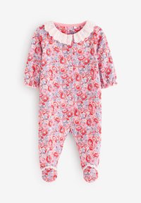 Õieprintidega beebikombekas pikkade varrukatega, roosa taustaga, punaste ja siniste lilledega, valge pitsiga kaelusega. Pehme kangas, jalad kaetud kujundus.