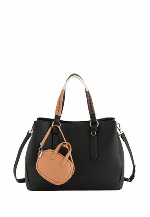 Black textured handbag with two-tone braided handles and detachable tan mini purse attached to the front.