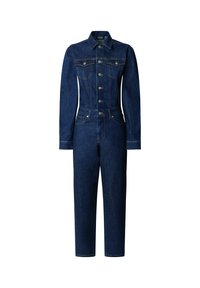 Džínsový overal tmavomodrej farby s dlhými rukávmi, priliehavým trupom, zapínaním na päť gombíkov a prednými vreckami na hrudníku so šitými detailmi.