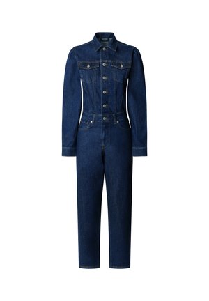 Τζιν ολόσωμο φόρεμα σε σκούρο μπλε, με μακριά μανίκια, εφαρμοστό κορσέ, κλείσιμο με πέντε κουμπιά και μπροστινές τσέπες στο στήθος με λεπτομέρειες ραψίματος.