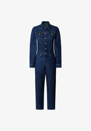 Denimjumpersuit i mörkblått, med lång ärm, figursydd bodice, femknappsstängning och framfickor med sömnadsdetaljer.