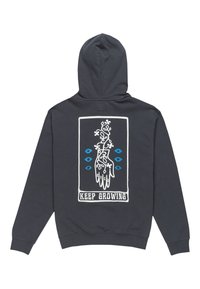 Dark grey hoodie featuring a large white and blue graphic of a hand with flowers and the text "KEEP GROWING" at the bottom.