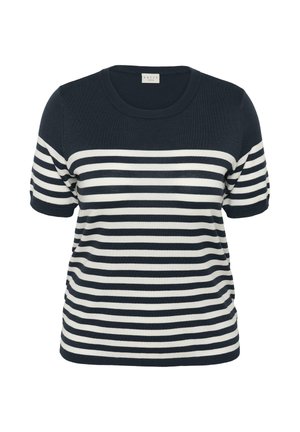 Navy blue and white short-sleeve knit top with horizontal stripes, crew neckline, and ribbed sleeve cuffs and hem.