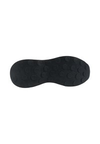Sole di scarpe in gomma nera con impugnature testurizzate circolari e nome del marchio impresso. Forma curvata con una superficie liscia e solida.