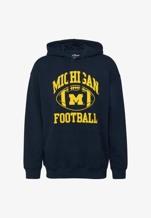 Marineblauer Kapuzenpullover mit gelbem Schriftzug "Michigan Football" und einem Fußballgrafik mit einem großen "M" auf der Vorderseite.