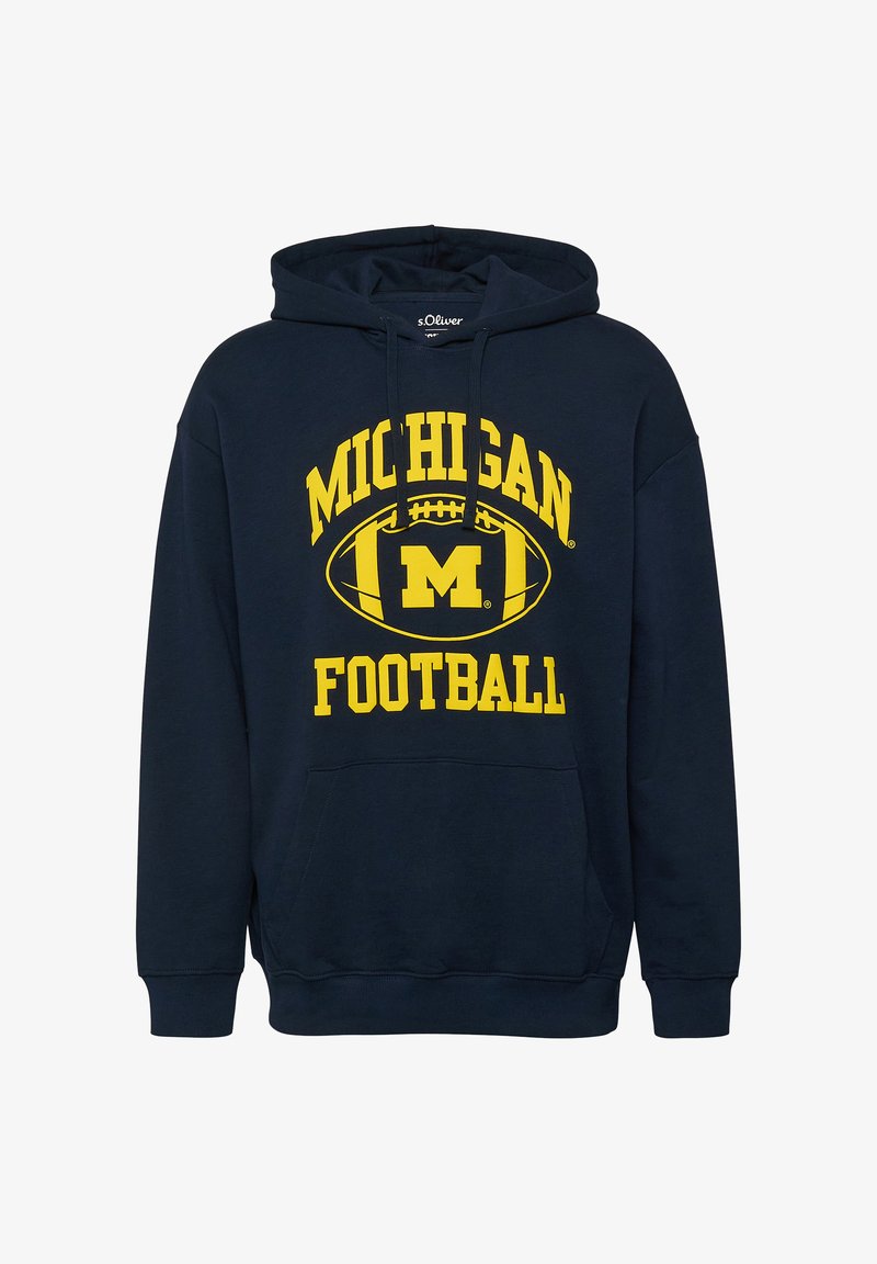 Sweat à capuche bleu marine avec le texte jaune "Michigan Football" et un graphique de ballon de football présentant un grand "M" au centre avant.