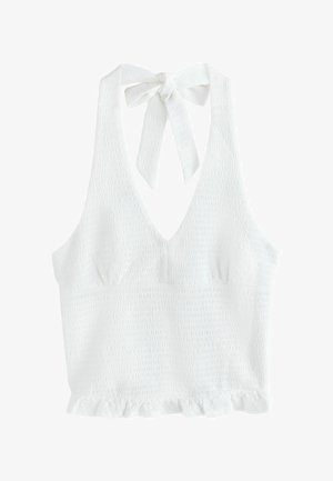 Witte haltertop met textuur, diepe V-hals, striksluiting bij de nek, aansluitende bustier en gerimpelde zoom.