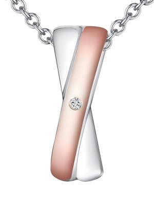 Silver and rose gold pendant on chain, featuring a twist design with a small diamond accent. Smooth metal surface, modern shape.