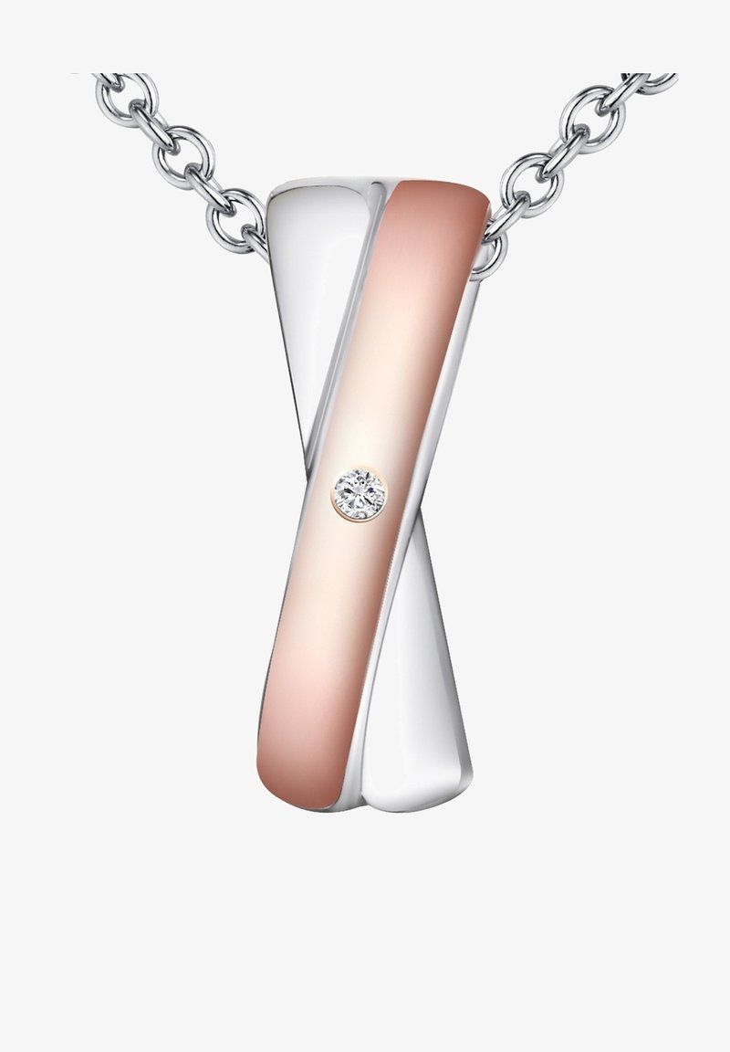 Hõbedane ja roosakuldne ripats kettide peal, millel on keerdkujundus koos väikese teemandi aktsendiga. Sile metallpind, moodne kuju.