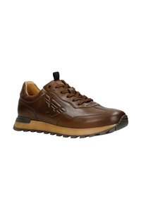 Brown leather sneaker with textured surface, lace-up design, rubber sole, and black accent on the toe. Features a logo on the side.
