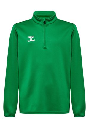 Grüner Pullover mit Viertelreißverschluss aus glattem Material. Verfügt über einen hohen Kragen, lange Ärmel und ein weißes Logo auf der Brust.