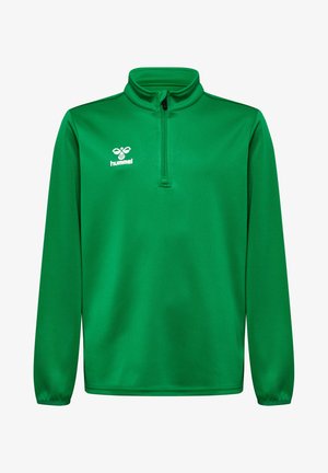 Groene kwart-rits pullover gemaakt van glad materiaal. Heeft een hoge kraag, lange mouwen en een wit logo op de borst.
