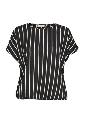 Top nero con righe verticali bianche. Maniche corte, scollatura rotonda, realizzato in un materiale leggero, con una vestibilità comoda e un leggero drappeggio.