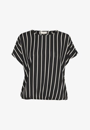 Czarna bluzka w białe pionowe paski. Krótkie rękawy, okrągły dekolt, wykonana z lekkiego materiału, o luźnym kroju i delikatnym marszczeniu.