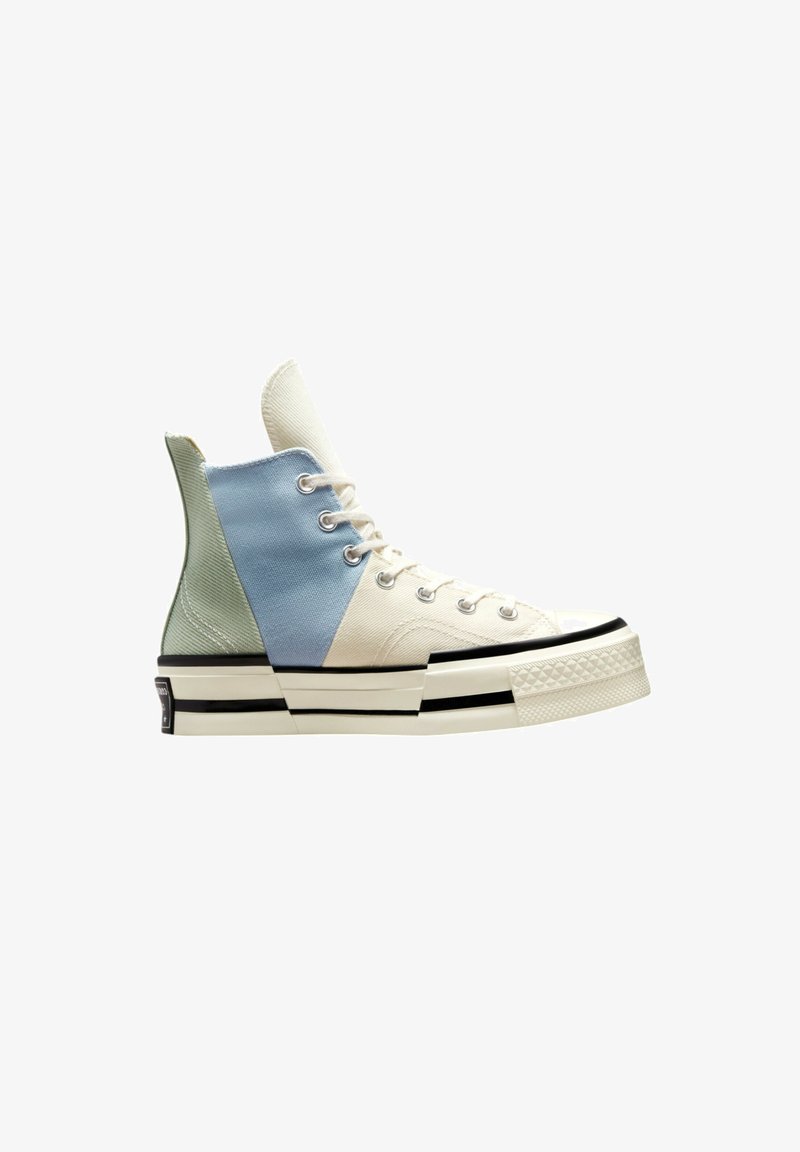 Höga sneakers i en mix av blå, grön och vit canvasmaterial, med en tjock gummisula och kontrasterande svarta accenter.