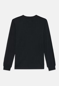 Zwart katoenen t-shirt met lange mouwen en een ronde hals, met een soepele stof en aansluitende manchetten. Achteraanzicht zonder versieringen.