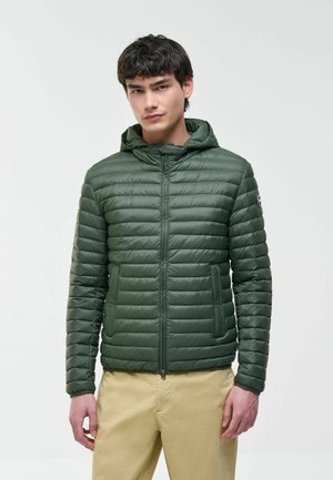 Ung mand iført en grøn quiltet hættejakke og beige bukser, står mod en ensartet lys baggrund.
