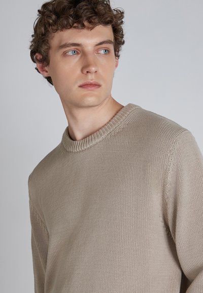 Maglione beige lavorato a maglia con scollatura rotonda, tessuto testurizzato e dettagli a coste al colletto, che evidenzia una vestibilità rilassata e un design sobrio.