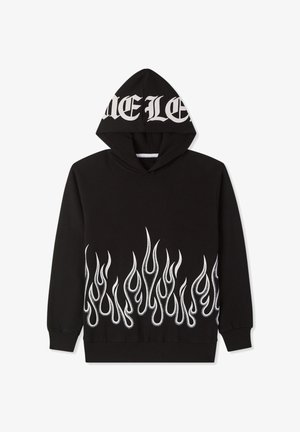 Felpa nera con stampa a fiamma bianca sul davanti, dotata di cappuccio e un design del logo audace sulla parte superiore. Tessuto morbido.