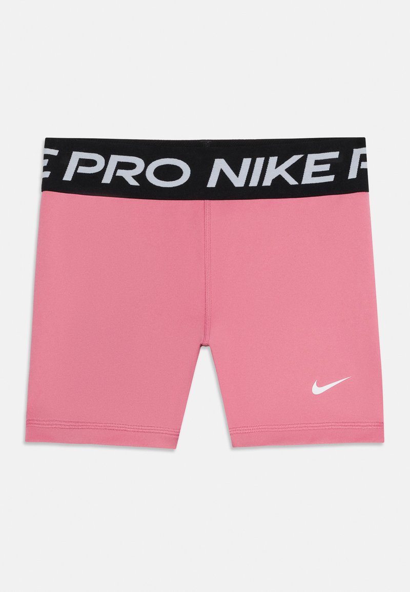 Ροζ σορτς συμπίεσης Nike Pro με μαύρη ελαστική μέση που φέρει λευκό κείμενο «NIKE PRO» και μικρό λευκό λογότυπο Nike στο μηρό.
