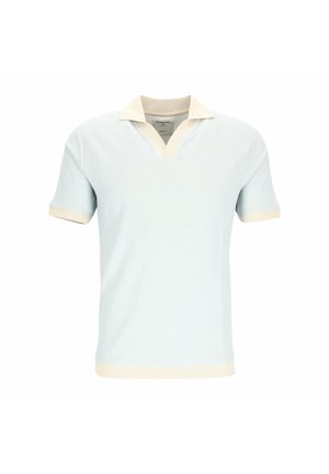 Light blue short-sleeve polo shirt with beige collar, sleeve cuffs, and hem, shown on a white background.