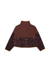 Brązowy polarowy pulower z ciemnymi, liściastymi rękawami. Wysoki kołnierz z żółtym wykończeniem. Teksturowany materiał o skróconym kroju.