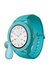 Montre numérique turquoise avec un cadran blanc, des chiffres noirs et un bracelet en silicone ; accompagnée d'un écouteur sans fil turquoise assorti.