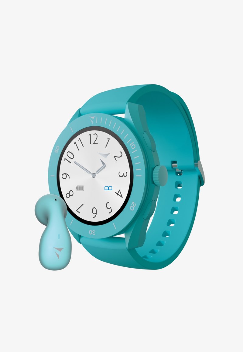 Montre numérique turquoise avec un cadran blanc, des chiffres noirs et un bracelet en silicone ; accompagnée d'un écouteur sans fil turquoise assorti.