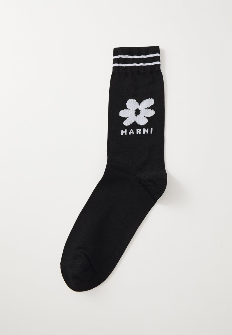 Sort bomuldsstrømpe med et hvidt blomstermønster og "MARNI" tekst, samt hvide striber ved kanten for ekstra detaljer.