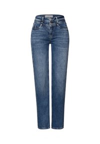 Blauwe denim jeans met een rechte pijp, middelhoge taille, vijf zakken en metalen knoopdetails. Vervaagde textuur aan de voorkant.