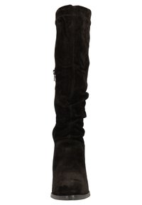 Black suede over-the-knee boot with a slouched design, smooth texture, and side zipper detail. Flat sole, round toe.