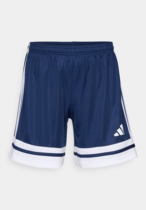 Navy blue athletic shorts made of lightweight fabric, featuring white accents and three white stripes on the sides. Adjustable elastic waistband.