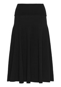 Jupe plissée noire avec une large taille en tricot, fabriquée dans un tissu doux. Texture lisse avec un design fluide, atteignant juste en dessous du genou.