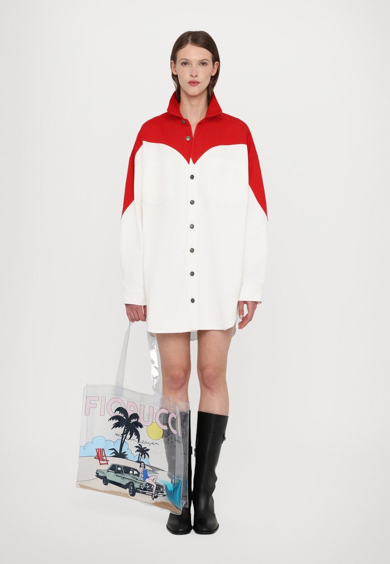 fiorucci shirt dress Striped Popcorn Print Mini Shirt Dress Red