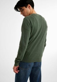 Groene katoenen trui met een ronde hals, geribde manchetten en zoom, gecombineerd met blauwe denimjeans. De textuur lijkt zacht en glad.
