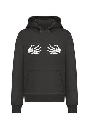 Schwarzer Hoodie aus weichem Stoff mit einer Kängurutasche. Mit einem weißen Grafikmotiv einer Skeletthand über der Brust. Verstellbare Kapuze mit Kordelzug.