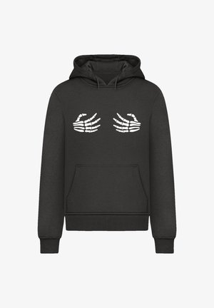 Schwarzer Hoodie aus weichem Stoff mit einer Kängurutasche. Mit einem weißen Grafikmotiv einer Skeletthand über der Brust. Verstellbare Kapuze mit Kordelzug.
