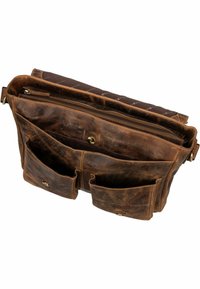 Borsa a tracolla in pelle marrone con molteplici tasche, chiusura con zip superiore e un morbido rivestimento interno con un sottile motivo.
