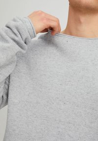 Pull gris clair en tissu tricoté texturé. Encolure ronde et manches longues avec une coupe légèrement ample. Aucun motif visible.