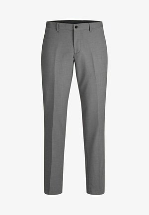 Gray tailored trousers made from a lightweight fabric. Features a flat front, belt loops, and a single button closure. Straight-cut legs.