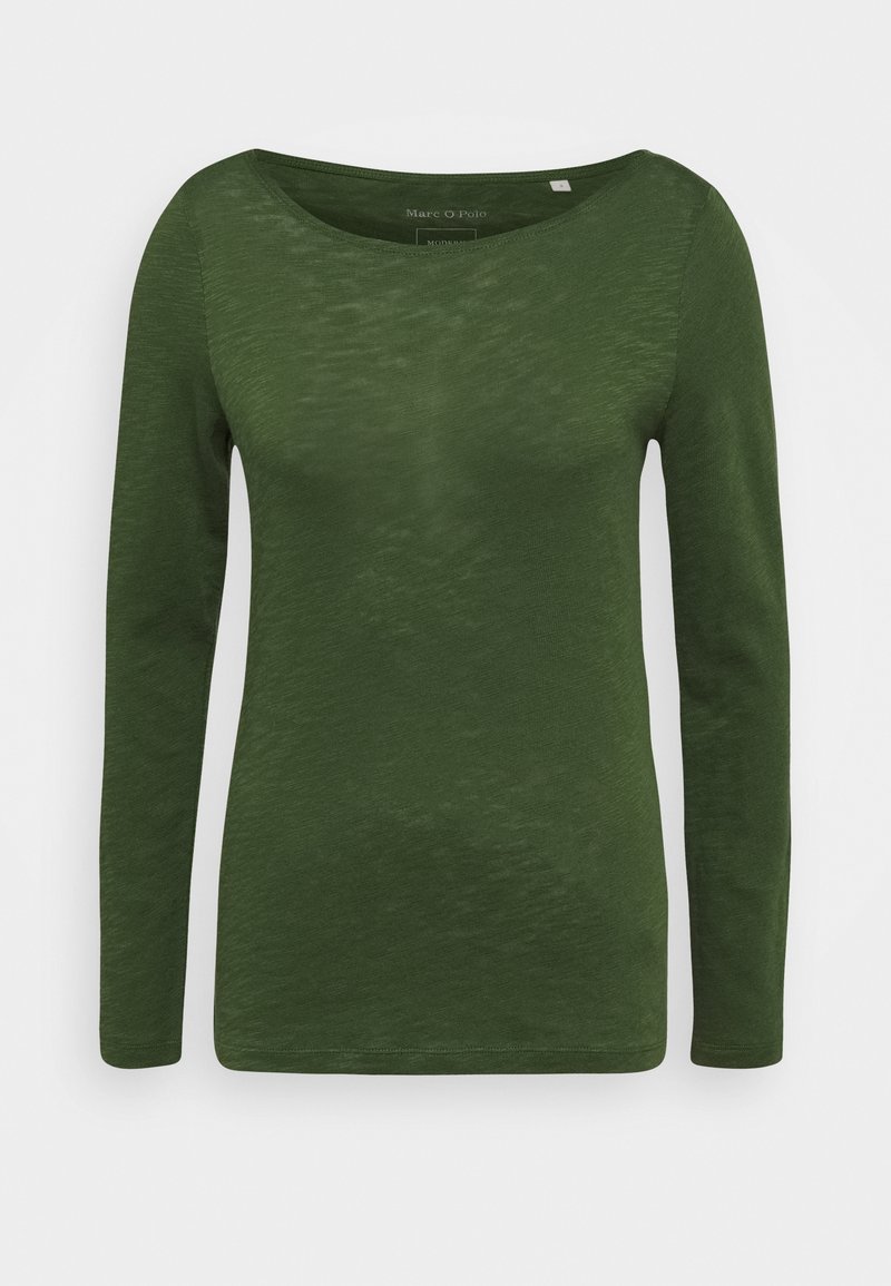 Dunkelgrünes langärmliges Damen-T-Shirt mit Rundhalsausschnitt und subtiler Melange-Textur, auf einem schlichten weißen Hintergrund präsentiert.