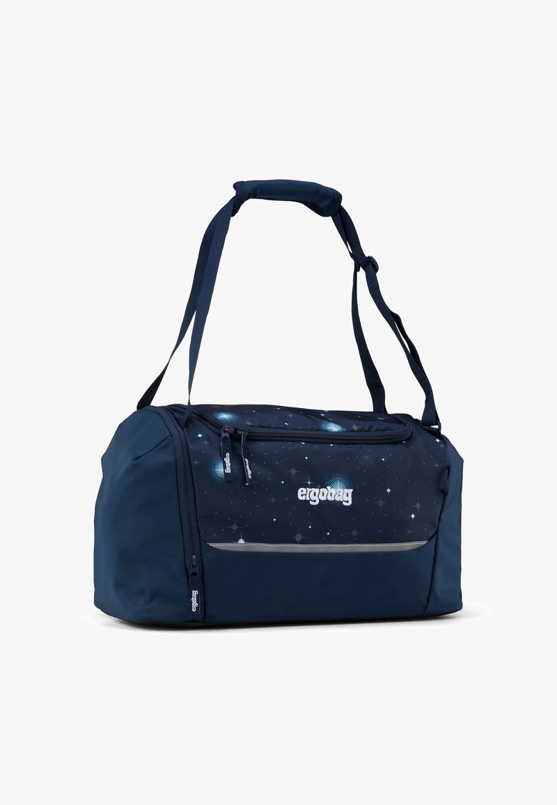 Navy duffel bag with starry pattern, made of durable fabric. Features a top handle, adjustable shoulder strap, and zippered pockets.
