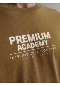 Brun bomulds t-shirt med korte ærmer, der har hvid tekst: "PREMIUM ACADEMY INTERNATIONAL CONCEPT SINCE - 1990". Glat tekstur.