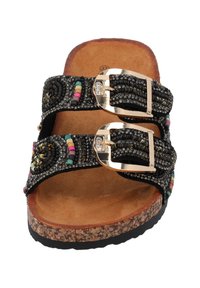 Sandalias negras con cuentas, dos hebillas doradas, plantilla de corcho y detalles coloridos. Material texturizado y suela plana.
