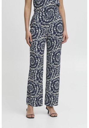Navy wide-leg pants featuring a white swirling floral pattern, made of lightweight fabric with a smooth texture and elastic waistband.