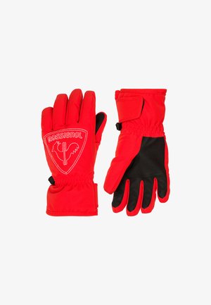 Rode winterhandschoenen van waterdicht materiaal, met een zwarte palm, elastische pols en een witte geborduurde logo op de achterkant.