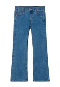 Siniset farkut, joissa on leveät lahkeet, klassinen muotoilu, etutaskut ja nappisuljenta vyötäröllä. Kestävä kangas, jossa on sileä pinta.