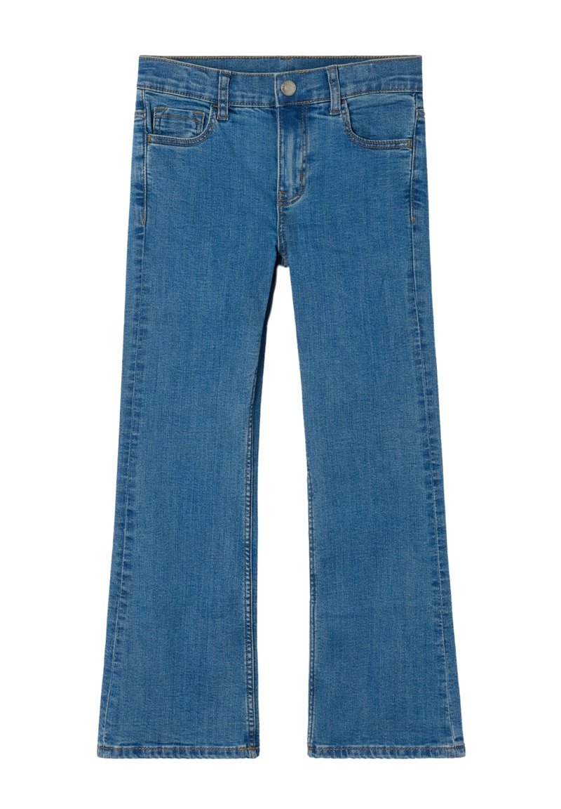 Siniset farkut, joissa on leveät lahkeet, klassinen muotoilu, etutaskut ja nappisuljenta vyötäröllä. Kestävä kangas, jossa on sileä pinta.