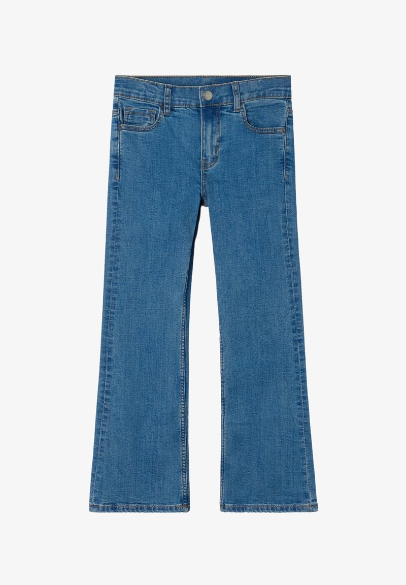 Siniset farkut, joissa on leveät lahkeet, klassinen muotoilu, etutaskut ja nappisuljenta vyötäröllä. Kestävä kangas, jossa on sileä pinta.